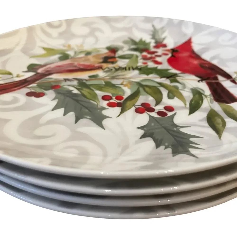 Mikasa Charming Cardinal Christmas Bone China Salad Plates 9in Set of 4 New